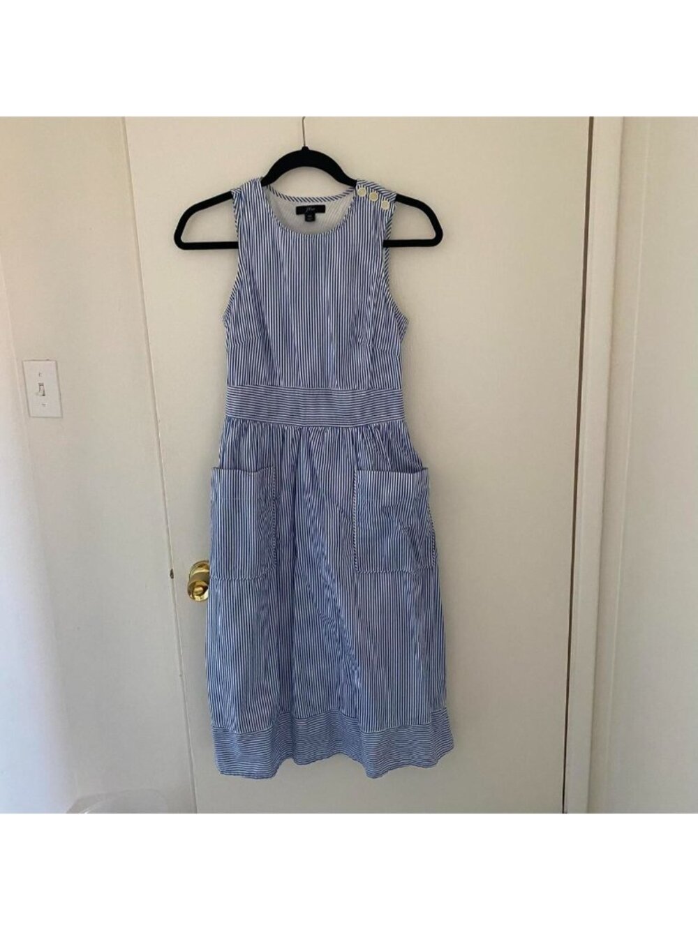 Blue and white striped midi dress with pockets